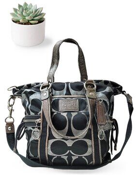 Coach Poppy Spotlight Satchel Black Silver Signature Y2K Metallic Trim F14431